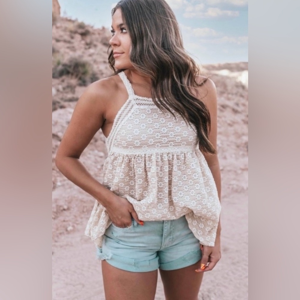 POL TAN EMBROIDERED LACE TRIMMED BABYDOLL TOP! - Picture 2 of 6
